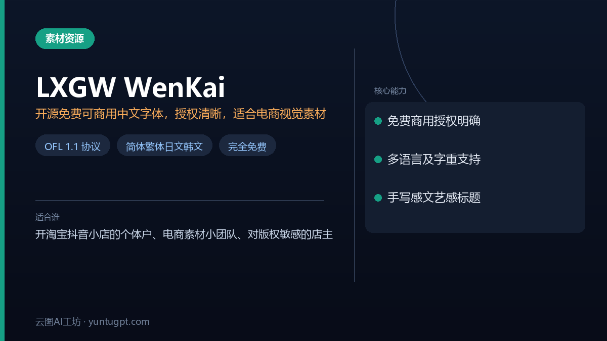 霞鹜文楷(LXGW WenKai)开源免费可商用中文字体,适合电商主图详情页标题与促销标签
