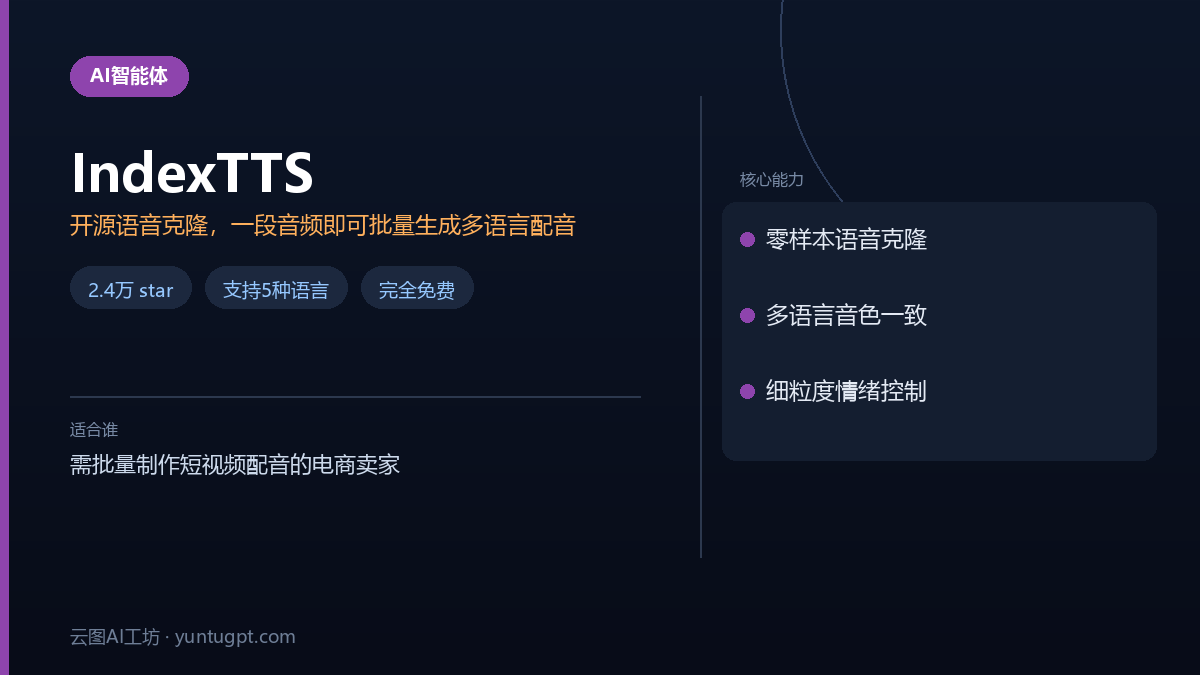 IndexTTS开源语音克隆工具,支持中文等五种语言,可批量生成配音