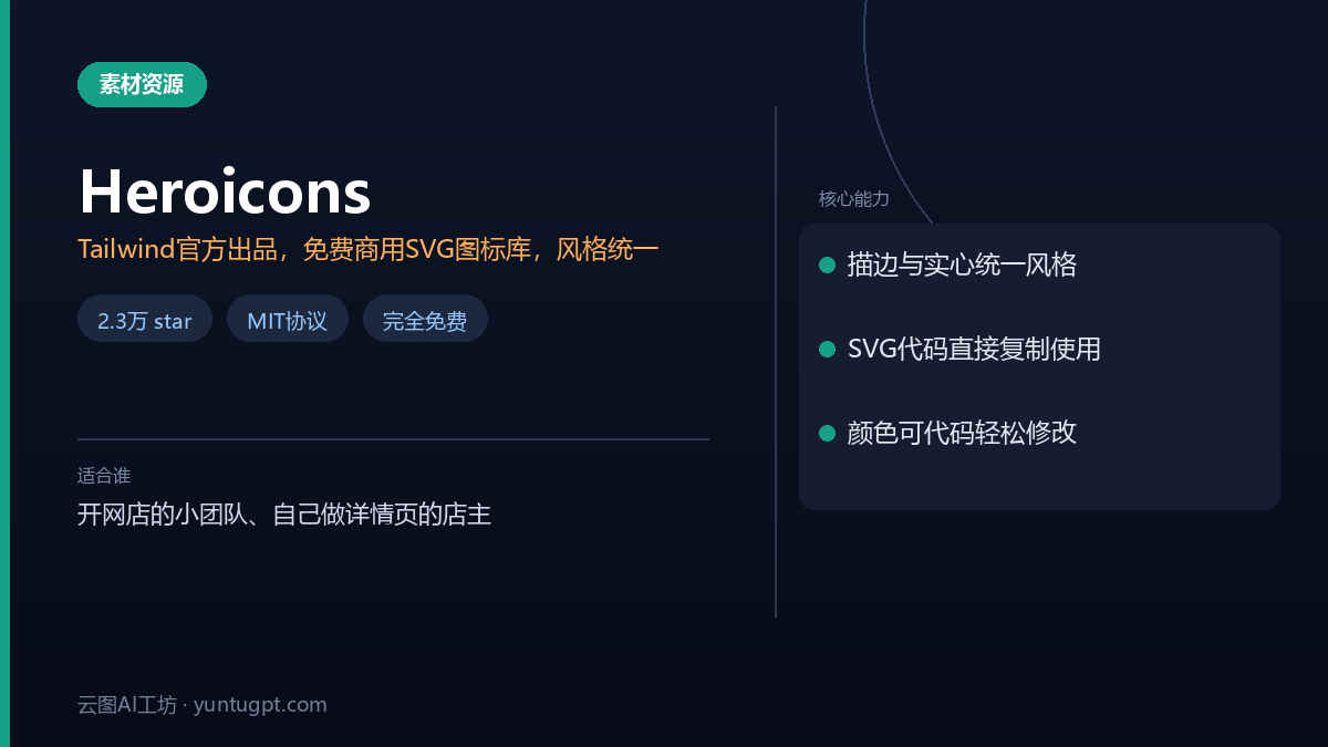 Heroicons免费SVG图标集,Tailwind官方出品,含描边与实心风格,适合电商详情页