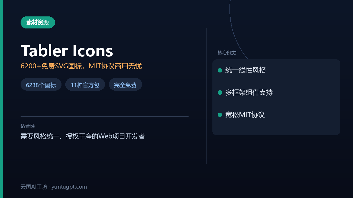 Tabler Icons图标库展示，包含数千个风格统一的线性SVG图标