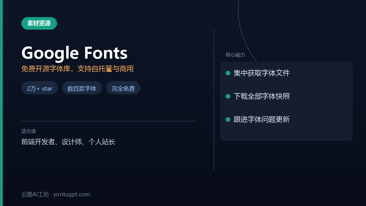 Google Fonts开源字体库,提供数百款免费可商用字体文件下载