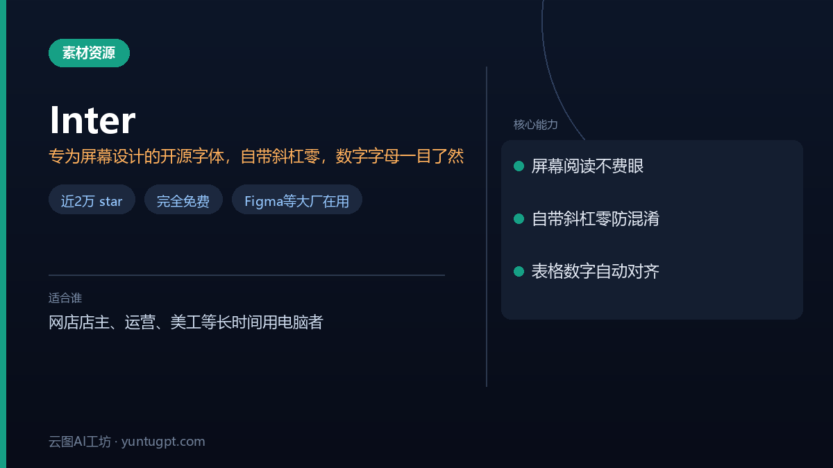 Inter字体工具速览卡:开源免费屏幕字体,斜杠零设计,缓解眼疲劳