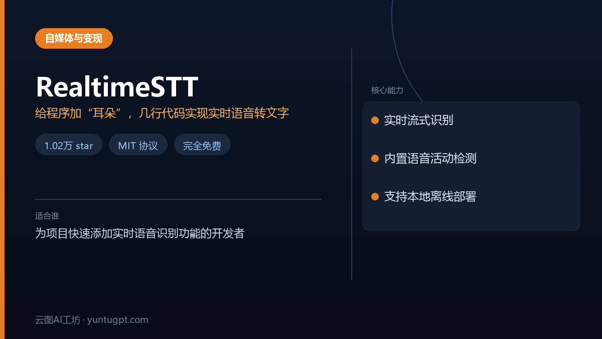 RealtimeSTT 实时语音转文字库，内置VAD和流式识别，支持离线使用